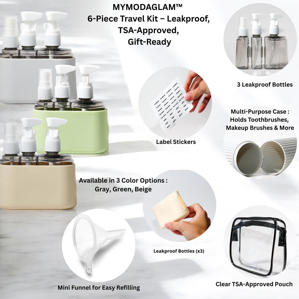 MYMODAGLAM Travel Bottle Set – TSA Approved, Leakproof Toiletry Kit for Carry-On, Refillable Containers for Spring & Summer Travel (Soft Beige/Light Gray/Sage Green)