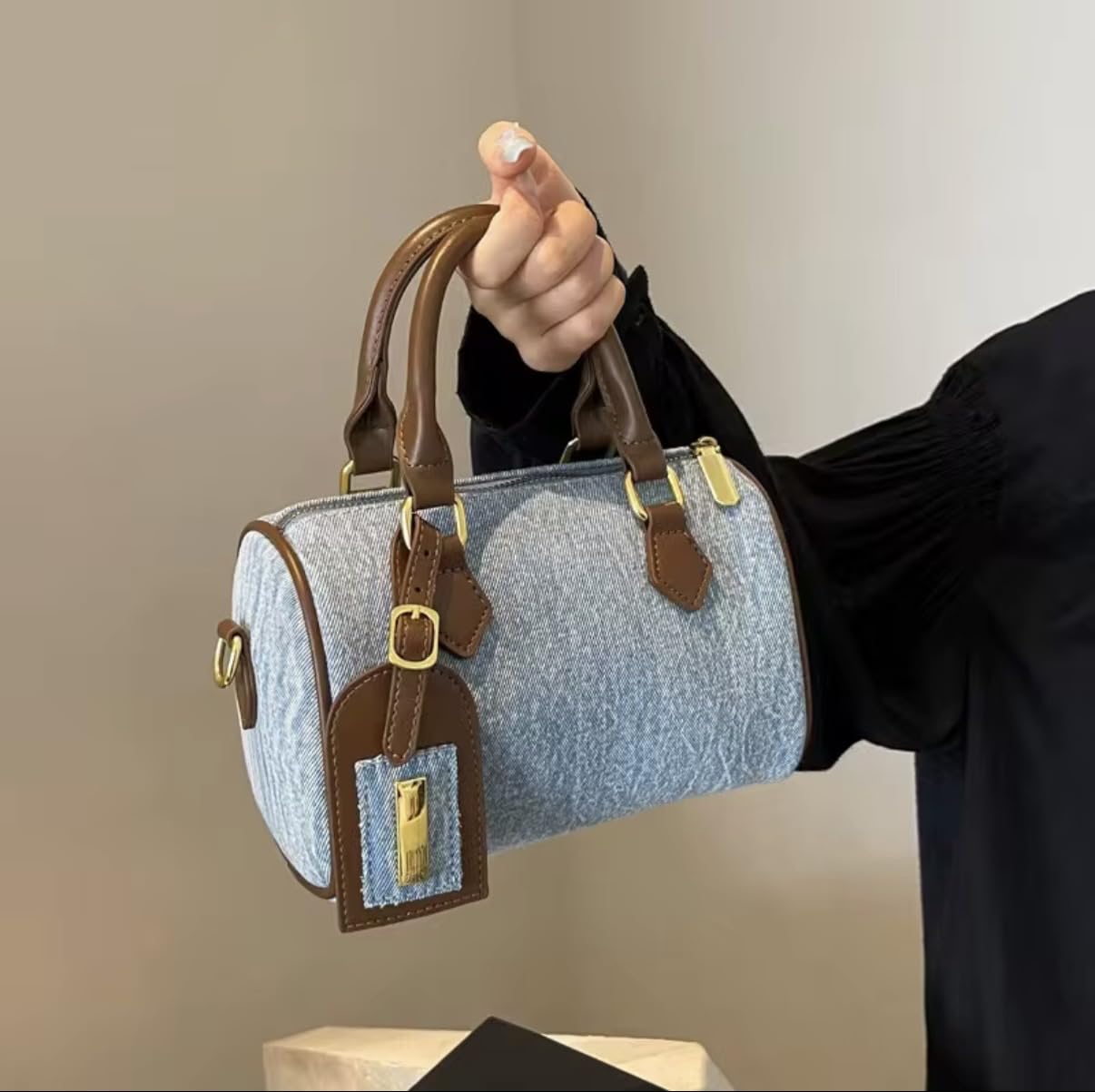 Denim Barrel Crossbody Handbag with Top Handle, Zip-Top Casual Purse for Women