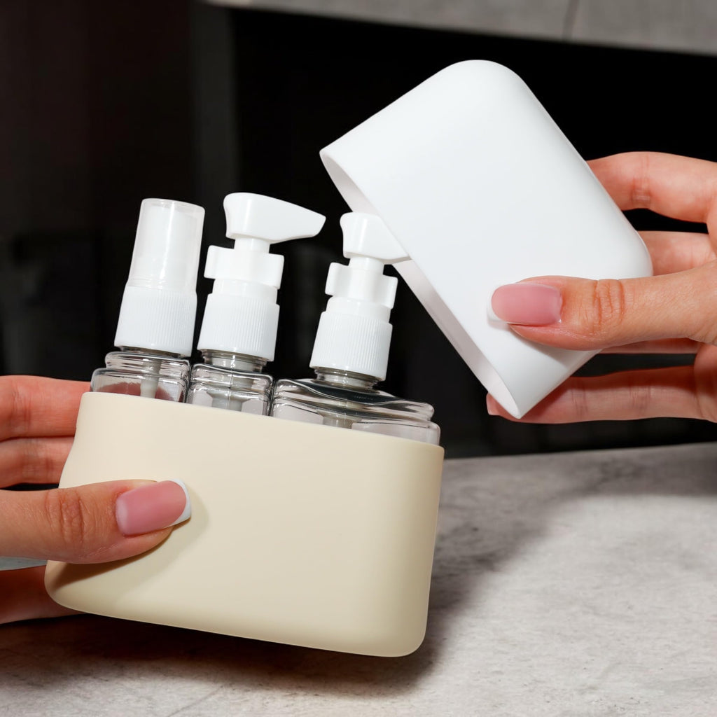 MYMODAGLAM Travel Bottle Set – TSA Approved, Leakproof Toiletry Kit for Carry-On, Refillable Containers for Spring & Summer Travel (Soft Beige/Light Gray/Sage Green)