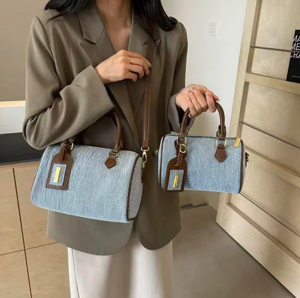 Denim Barrel Crossbody Handbag with Top Handle, Zip-Top Casual Purse for Women