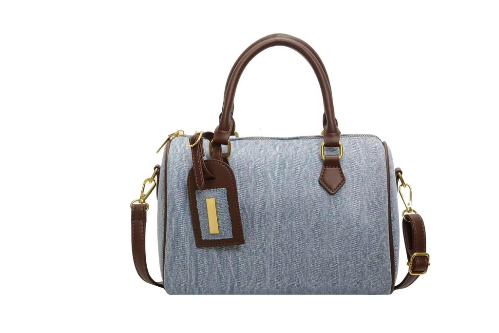 Denim Barrel Crossbody Handbag with Top Handle, Zip-Top Casual Purse for Women