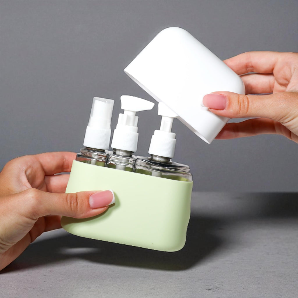 MYMODAGLAM Travel Bottle Set – TSA Approved, Leakproof Toiletry Kit for Carry-On, Refillable Containers for Spring & Summer Travel (Soft Beige/Light Gray/Sage Green)