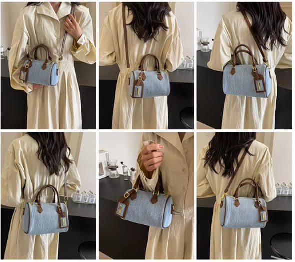 Denim Barrel Crossbody Handbag with Top Handle, Zip-Top Casual Purse for Women